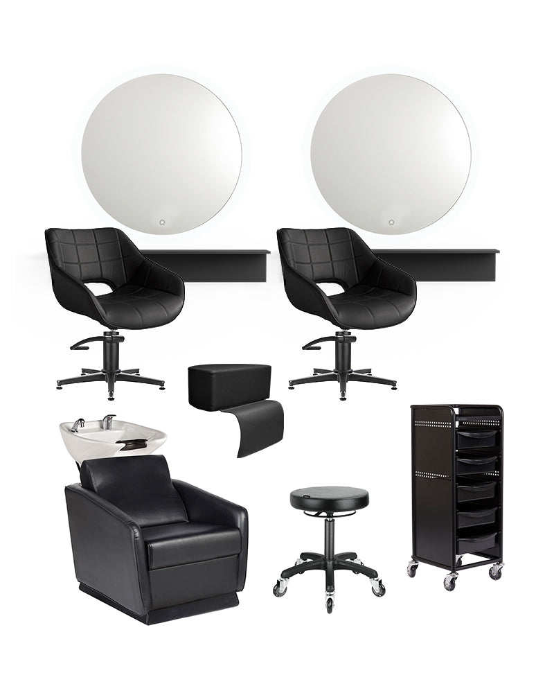Black hairdresser starter kit - with 2 styling stations, 1 washing station, and equipment
